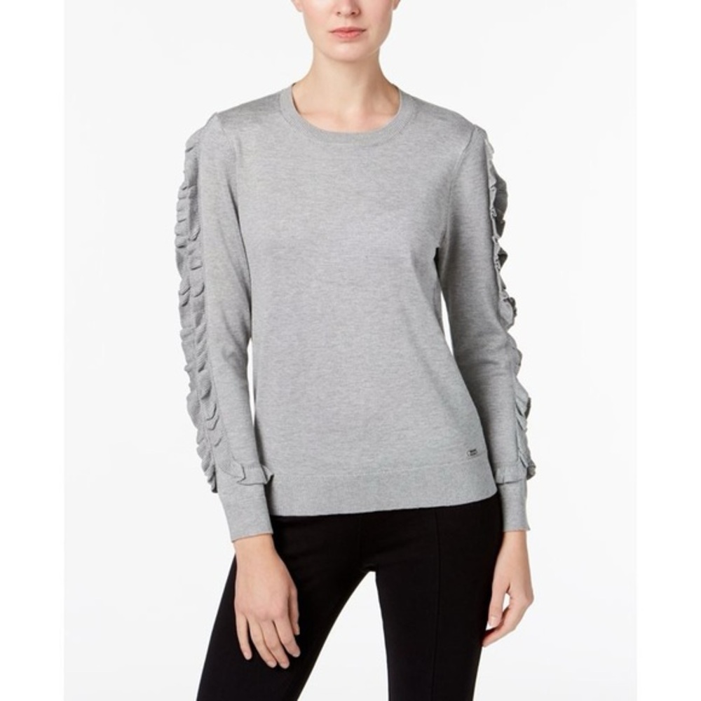 Pink thread grey ruffle sleeve sweater